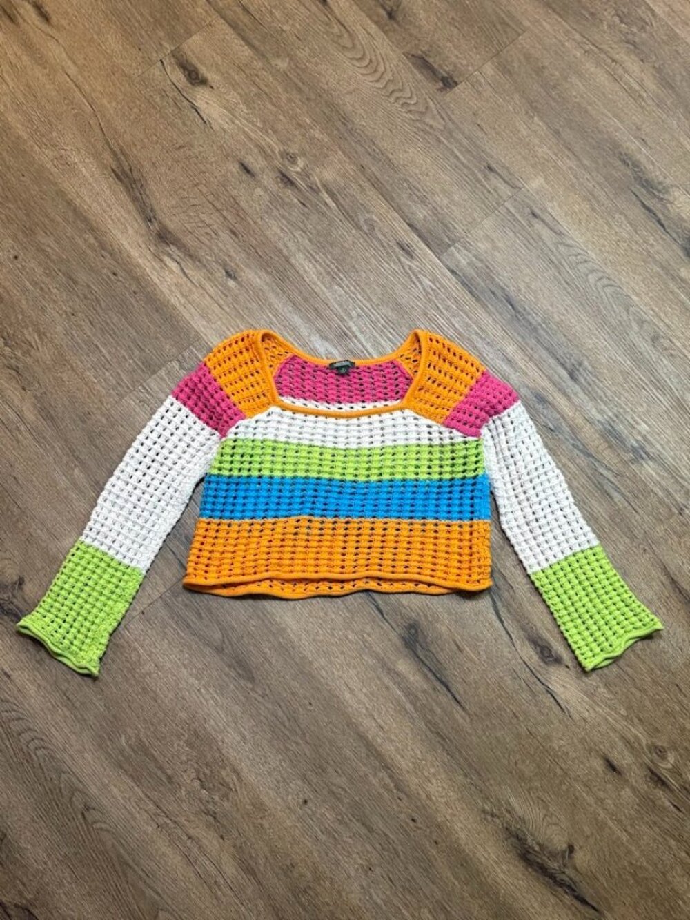 Wild Fable XS Rainbow Stripe Crochet Knit Crop Sweater Open Knit Y2K